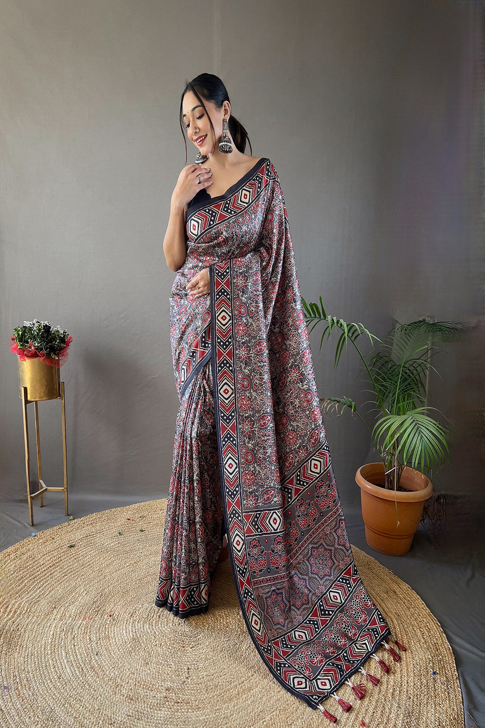 Buy MySilkLove Emperor Black and Grey Ajrakh Printed Saree Online