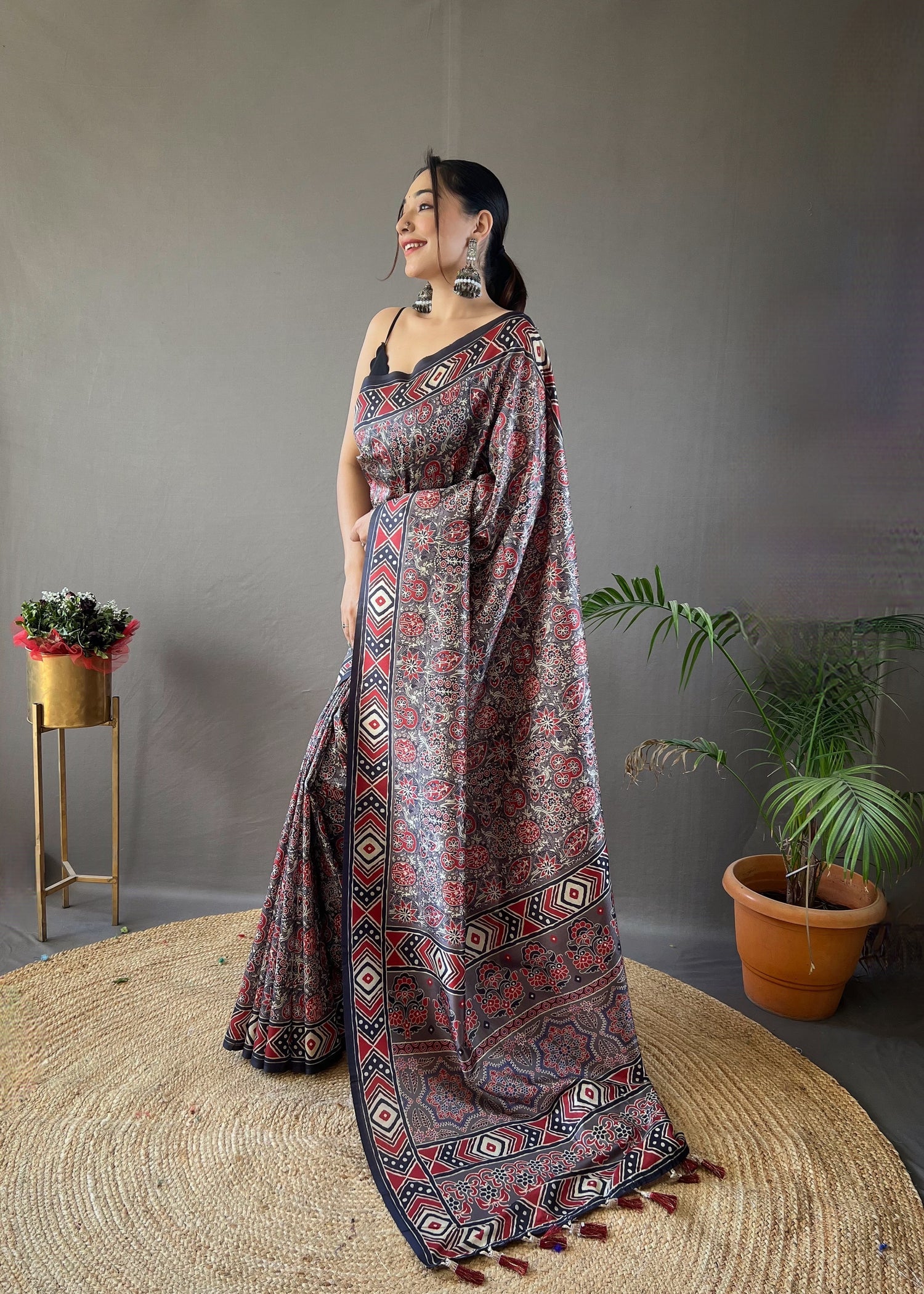 Buy MySilkLove Emperor Black and Grey Ajrakh Printed Saree Online