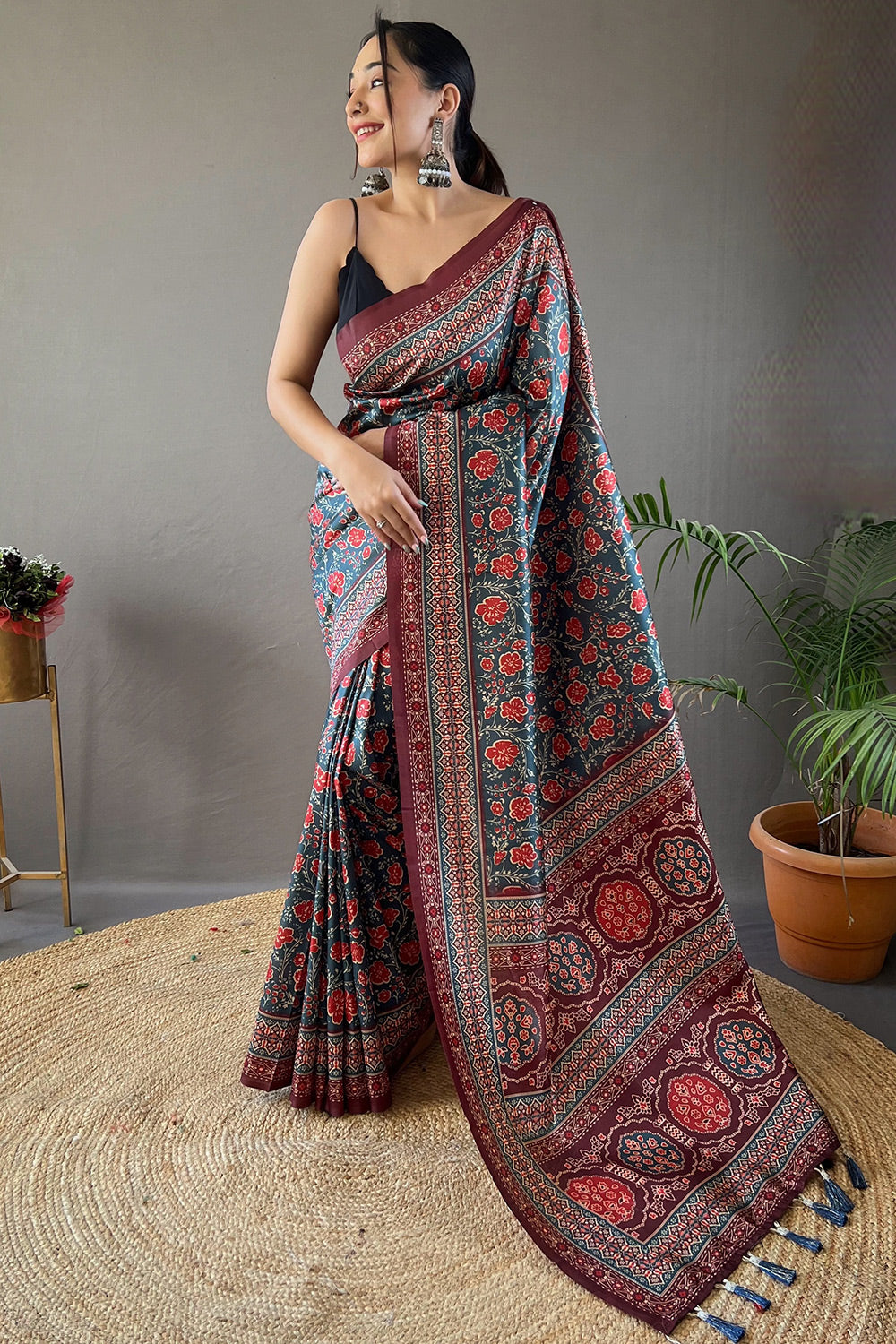 Buy MySilkLove Hippie Blue Ajrakh Printed Saree Online