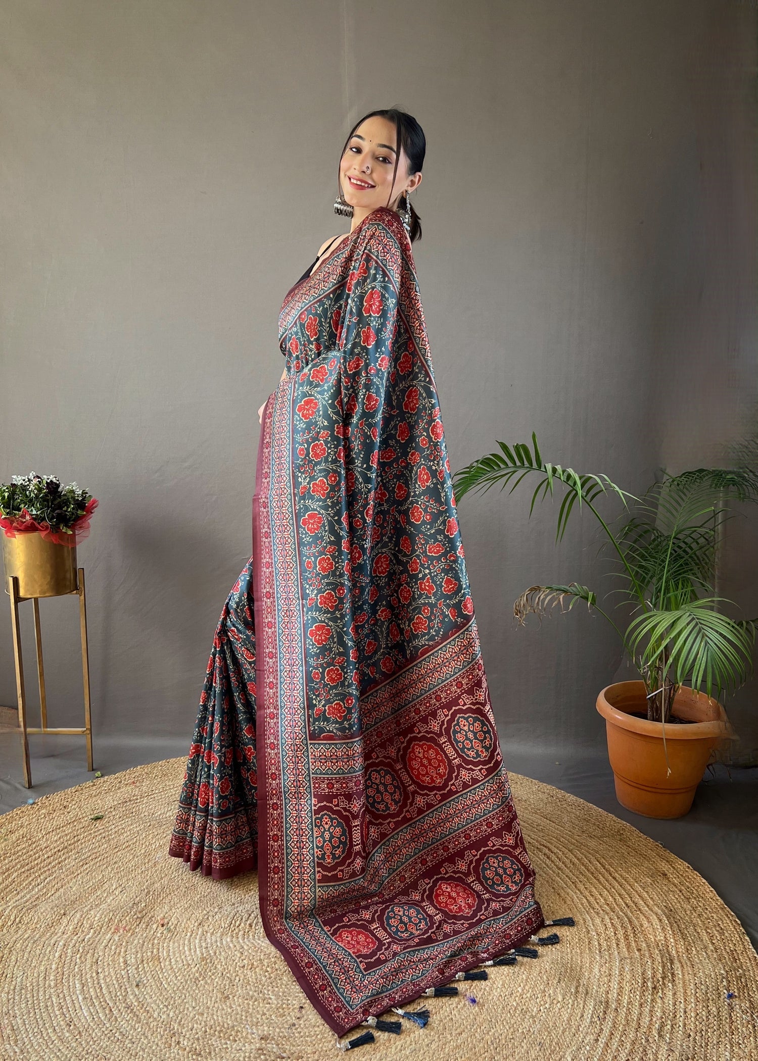 Buy MySilkLove Hippie Blue Ajrakh Printed Saree Online