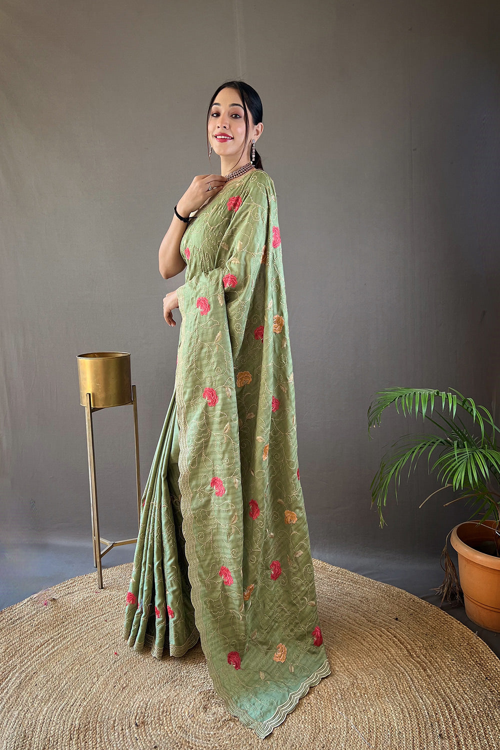 Buy MySilkLove Hillary Green Embroidery Tussar Silk Saree Online