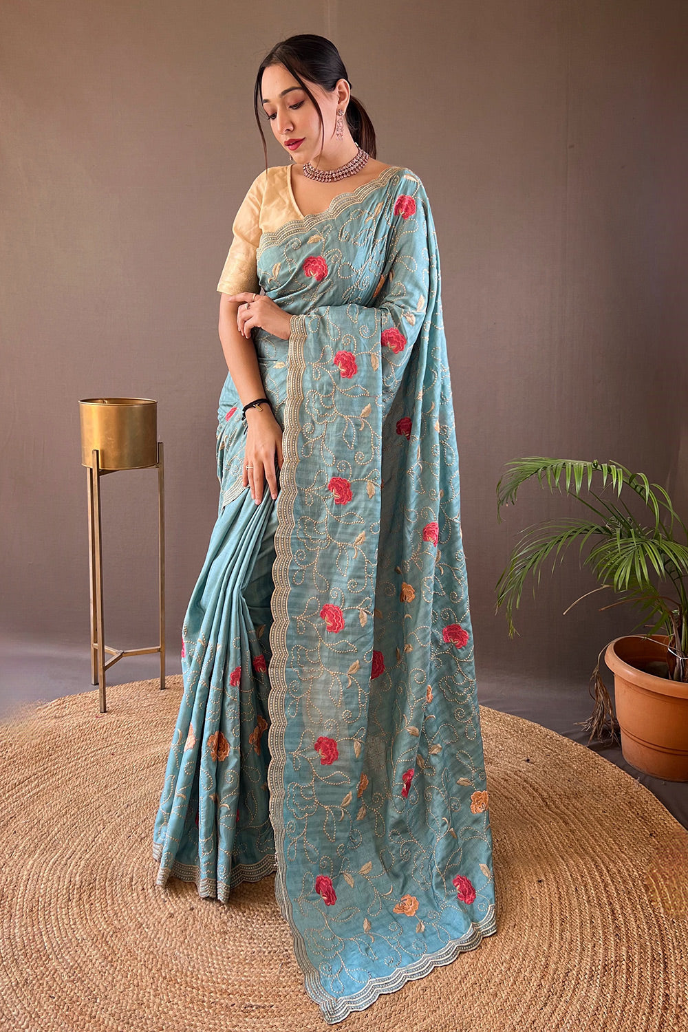 Buy MySilkLove Submarine Blue Embroidery Tussar Silk Saree Online