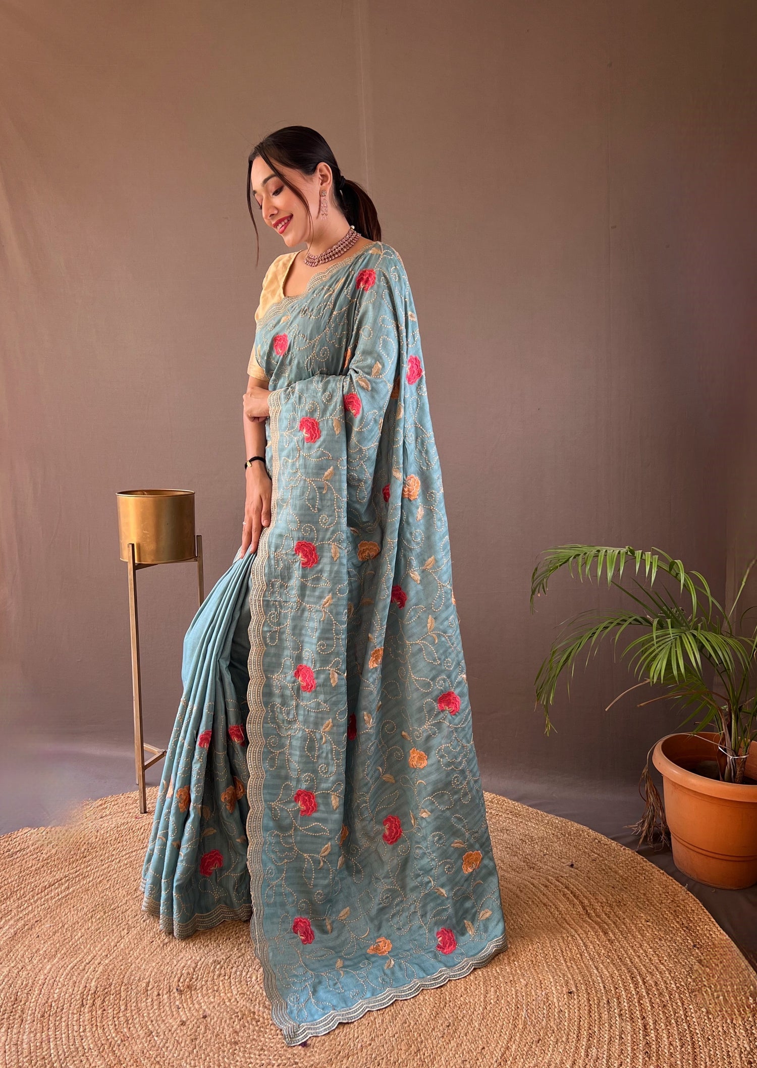 Buy MySilkLove Submarine Blue Embroidery Tussar Silk Saree Online