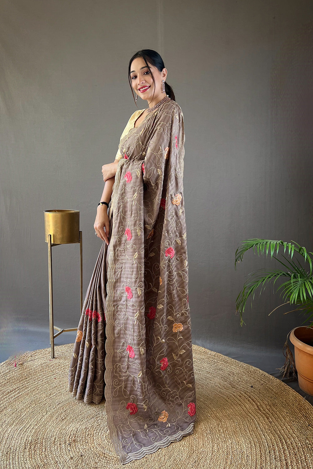 Buy MySilkLove Beaver Brown Embroidery Tussar Silk Saree Online