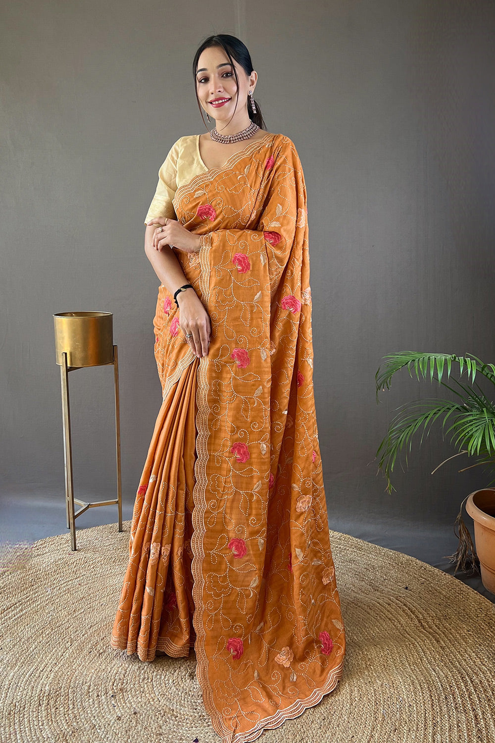 Buy MySilkLove Hawaiian Tan Orange Embroidery Tussar Silk Saree Online