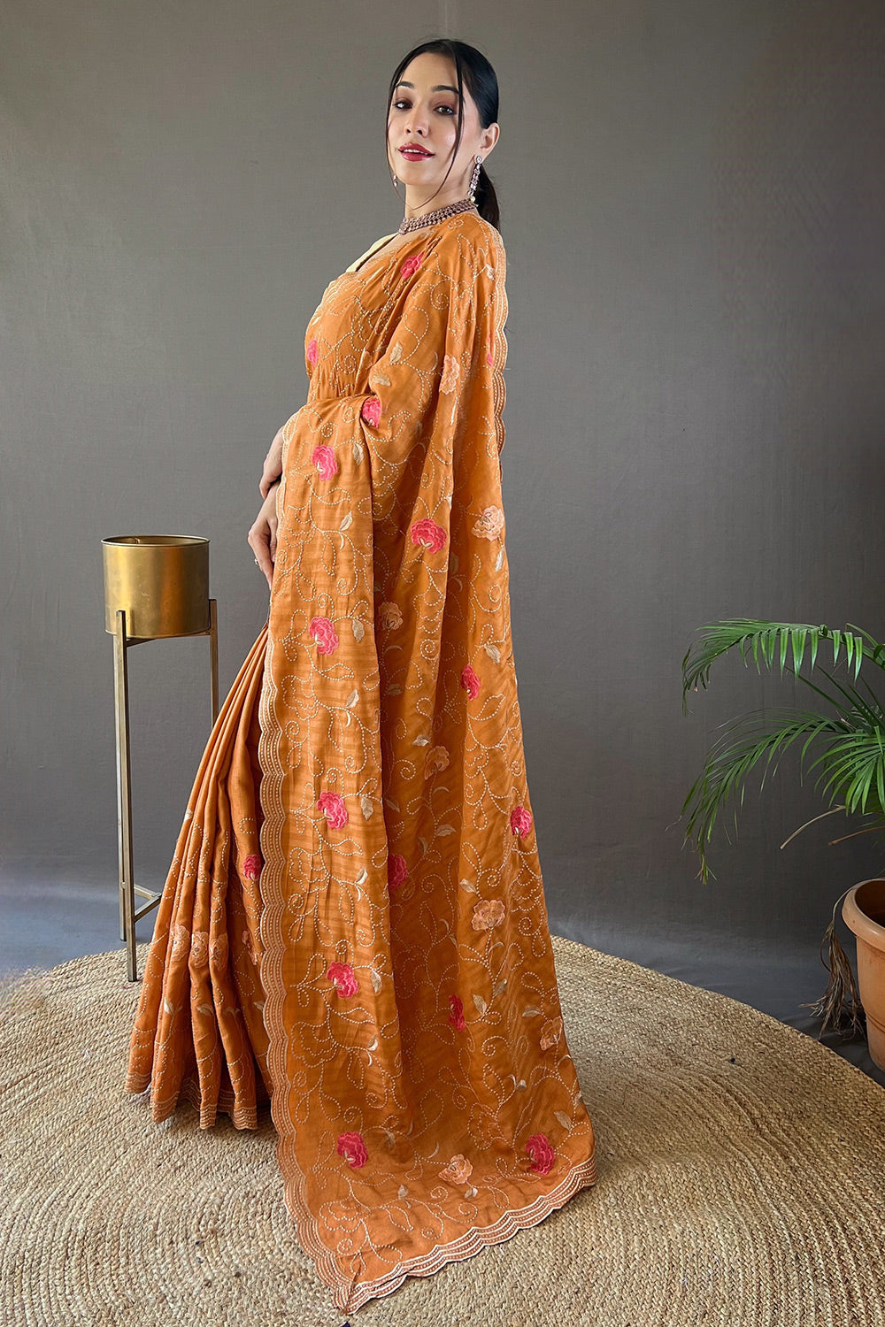 Buy MySilkLove Hawaiian Tan Orange Embroidery Tussar Silk Saree Online