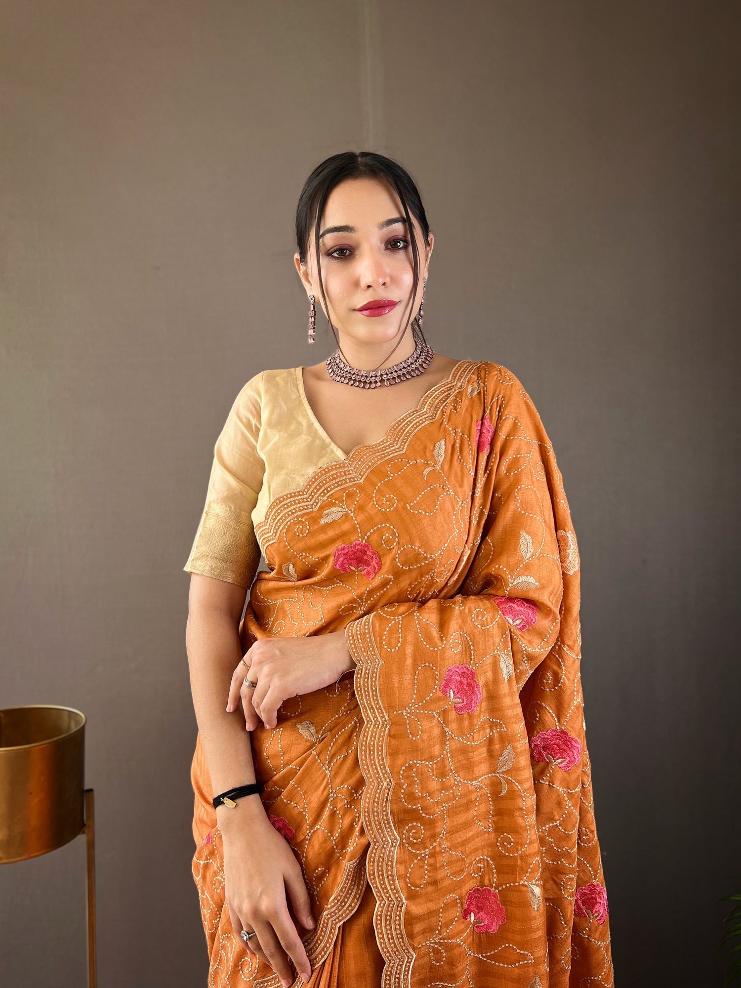 Buy MySilkLove Hawaiian Tan Orange Embroidery Tussar Silk Saree Online