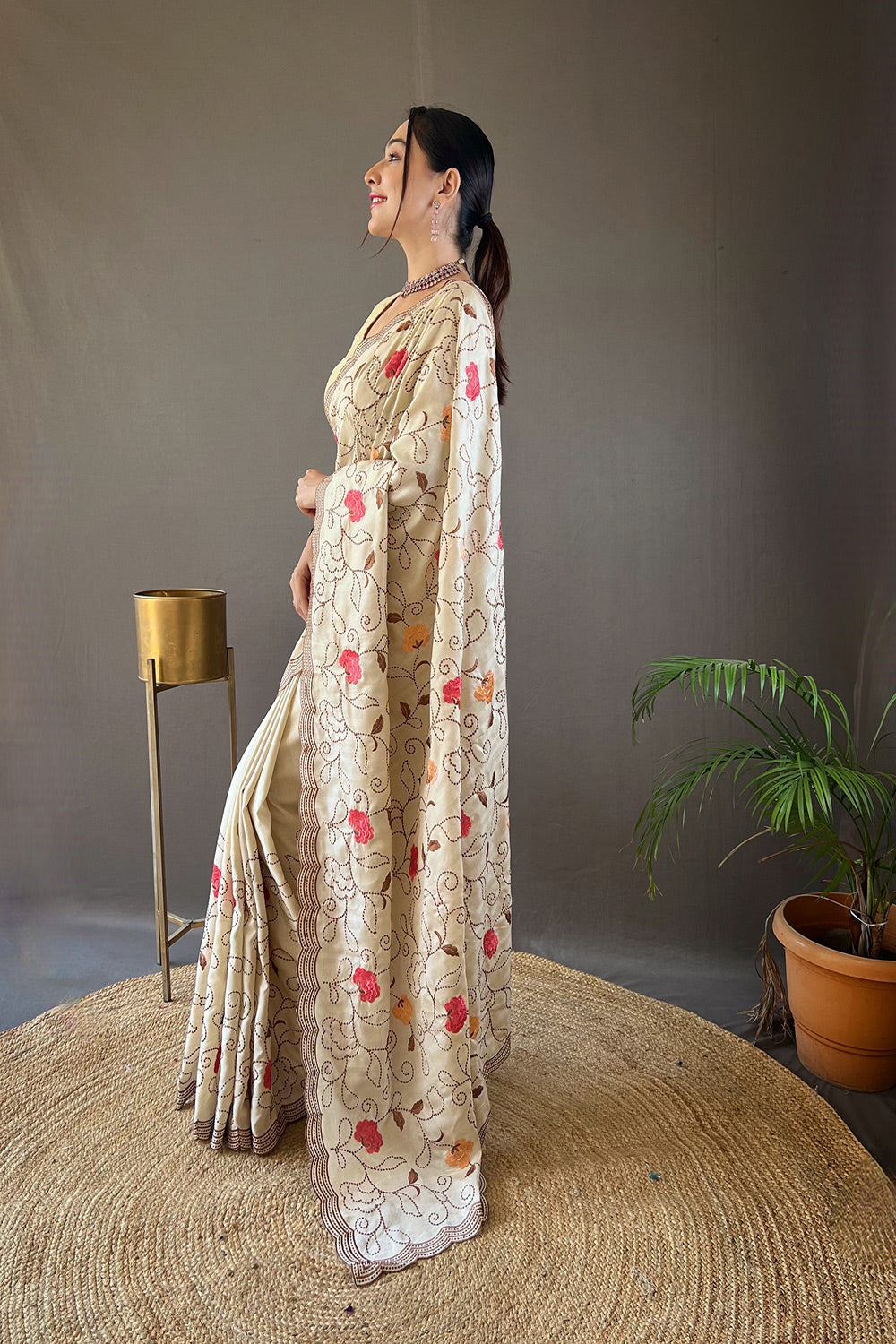 Buy MySilkLove Bone Cream Embroidery Tussar Silk Saree Online