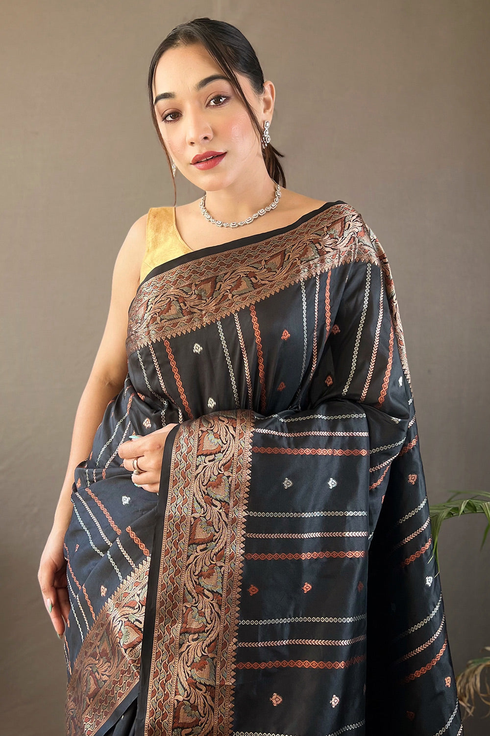 Buy MySilkLove Ebony Clay Black Zari Woven Banarasi Saree Online