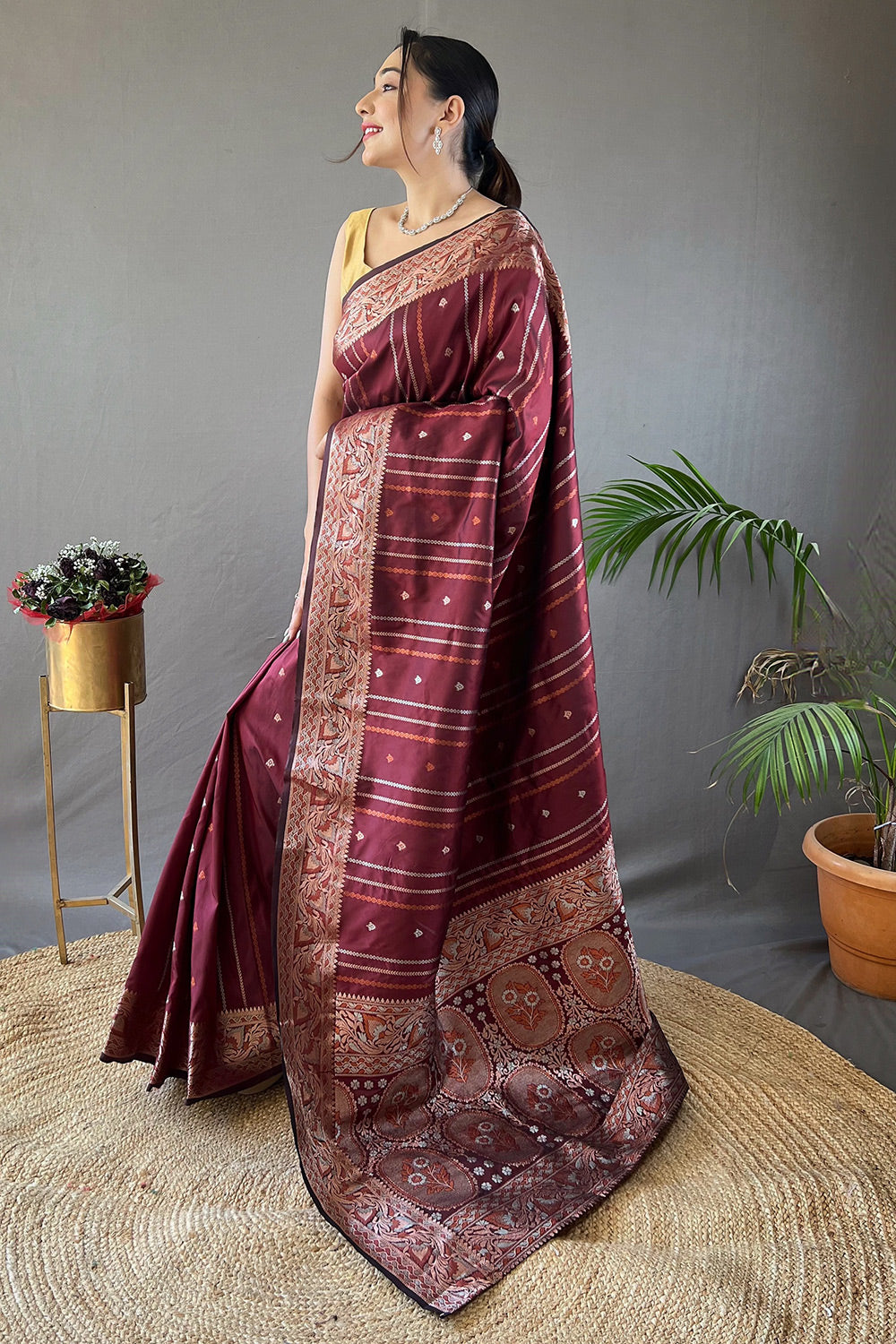 Buy MySilkLove Cannon Maroon Zari Woven Banarasi Saree Online