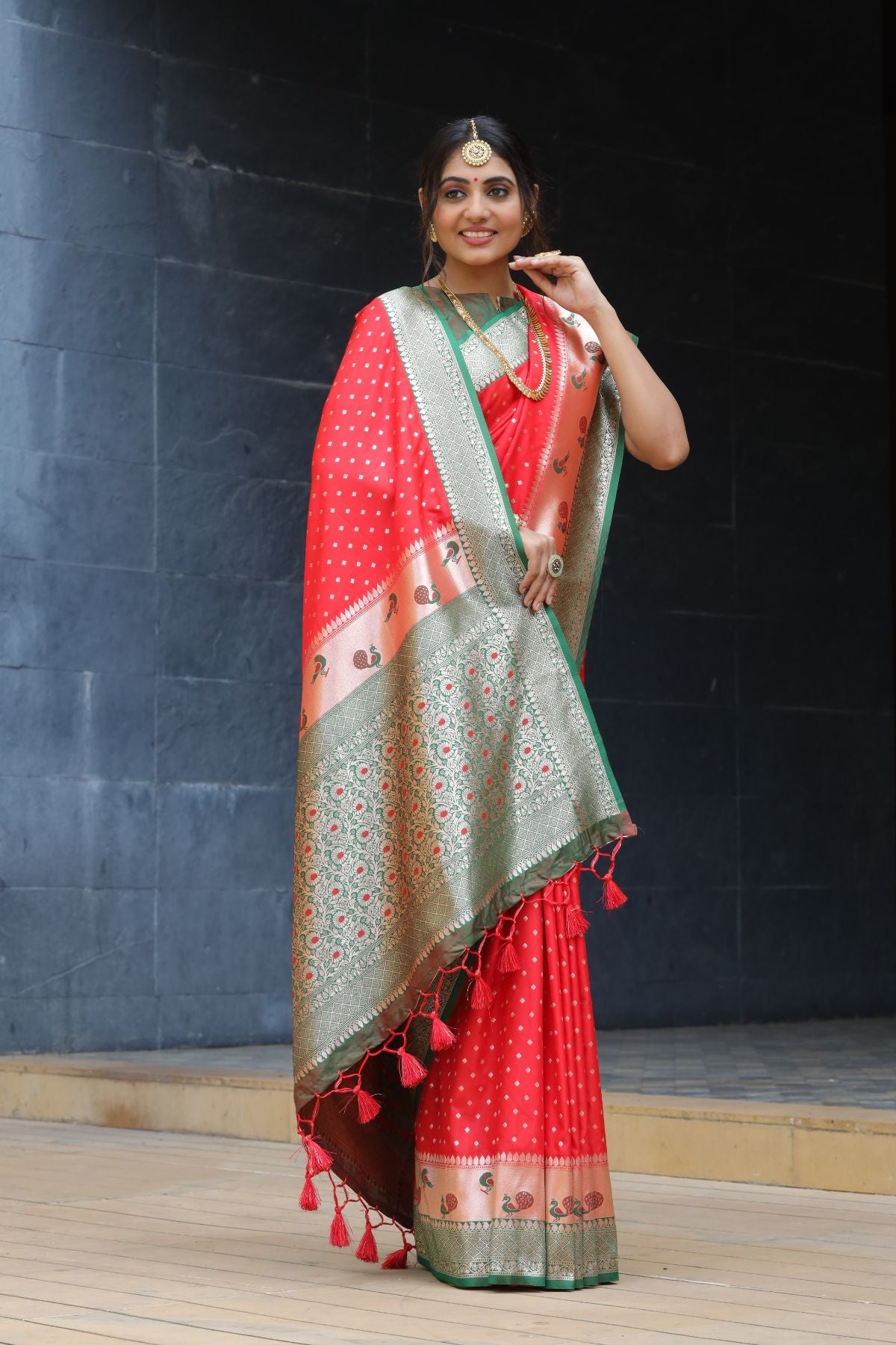 MySilkLove Crimson Red and Green Banarasi Paithani Silk Saree