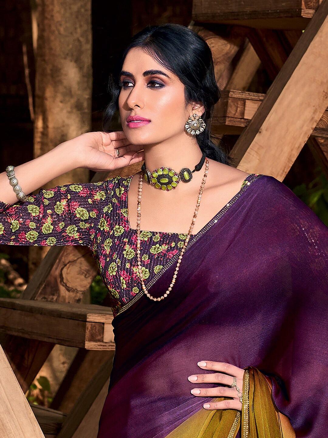 Buy MySilkLove Tawny Port Purple and Yellow Chiffon Saree With Printed Blouse Online