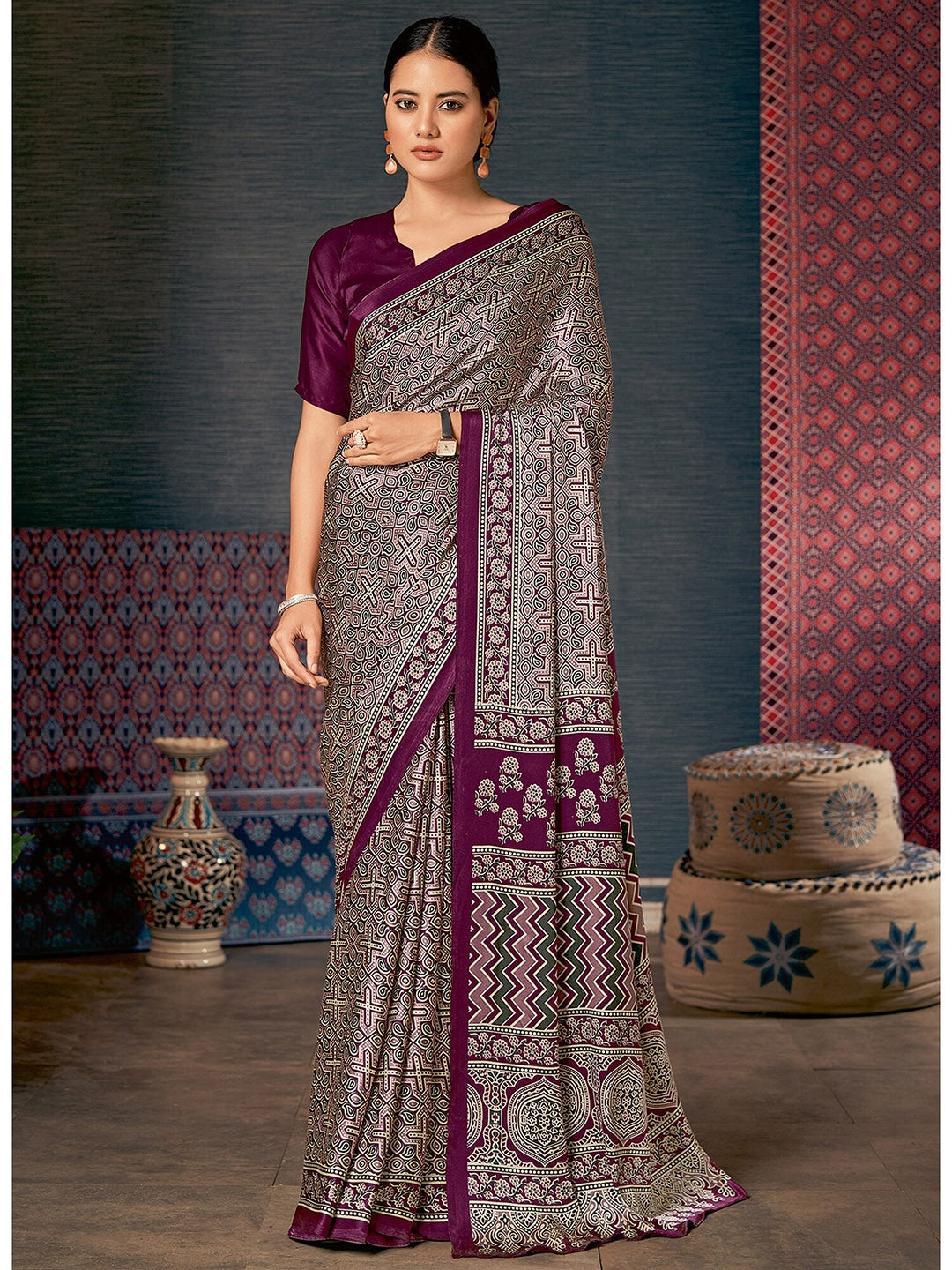 Buy MySilkLove Congo Purple and Grey Digital Printed Ajrakh Satin Crepe Saree Online