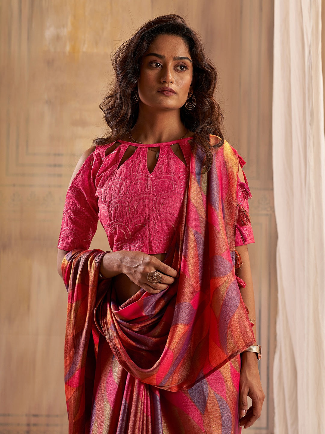 Buy MySilkLove Mahogany Pink Printed Chiffon Saree With Embroidery blouse Online