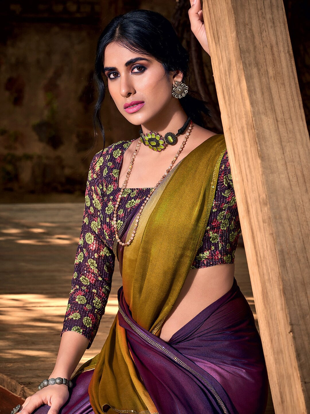 Buy MySilkLove Tawny Port Purple and Yellow Chiffon Saree With Printed Blouse Online