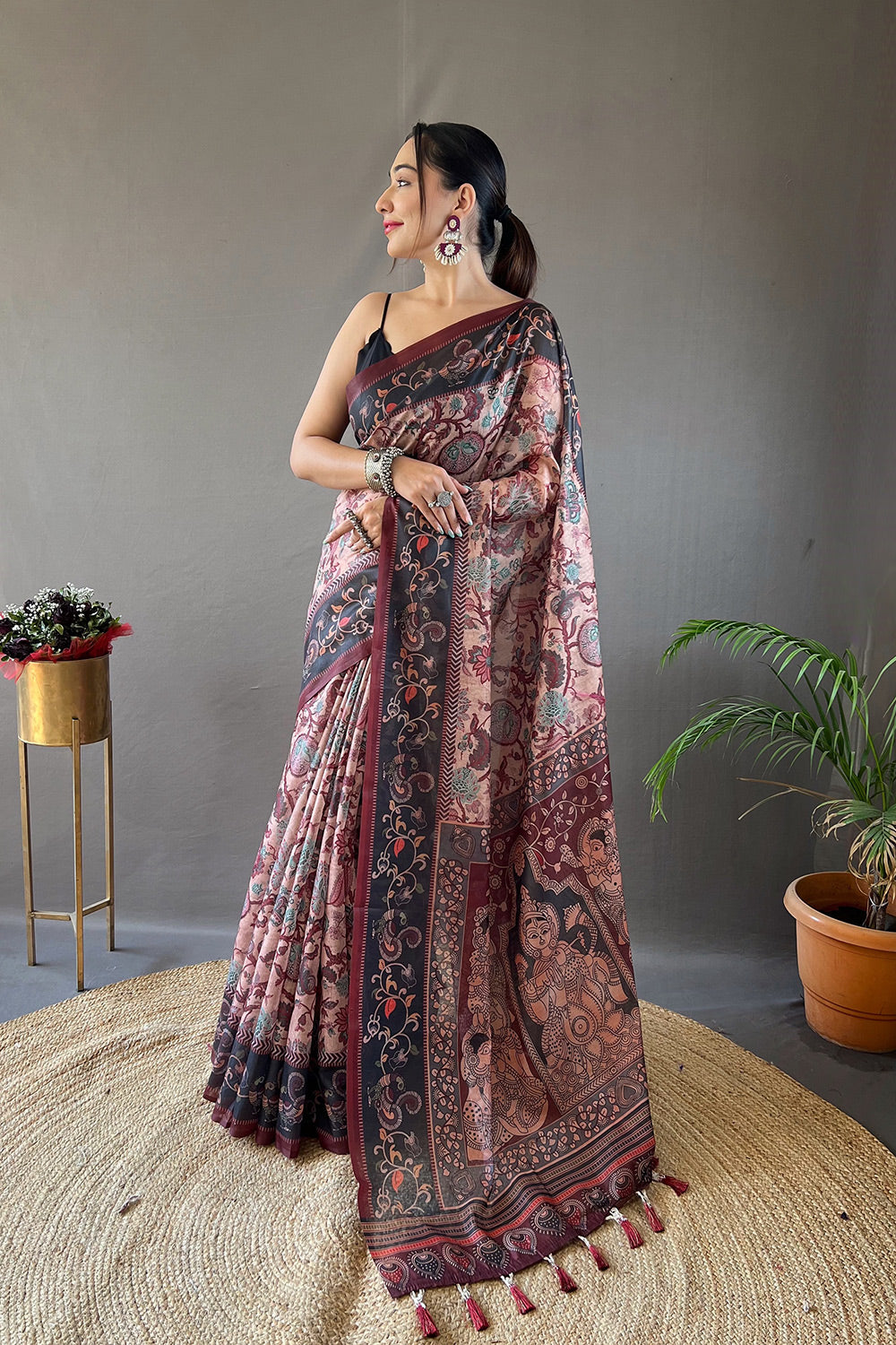 Buy MySilkLove Eunry Peach and Black Printed Cotton Kalamkari Saree Online