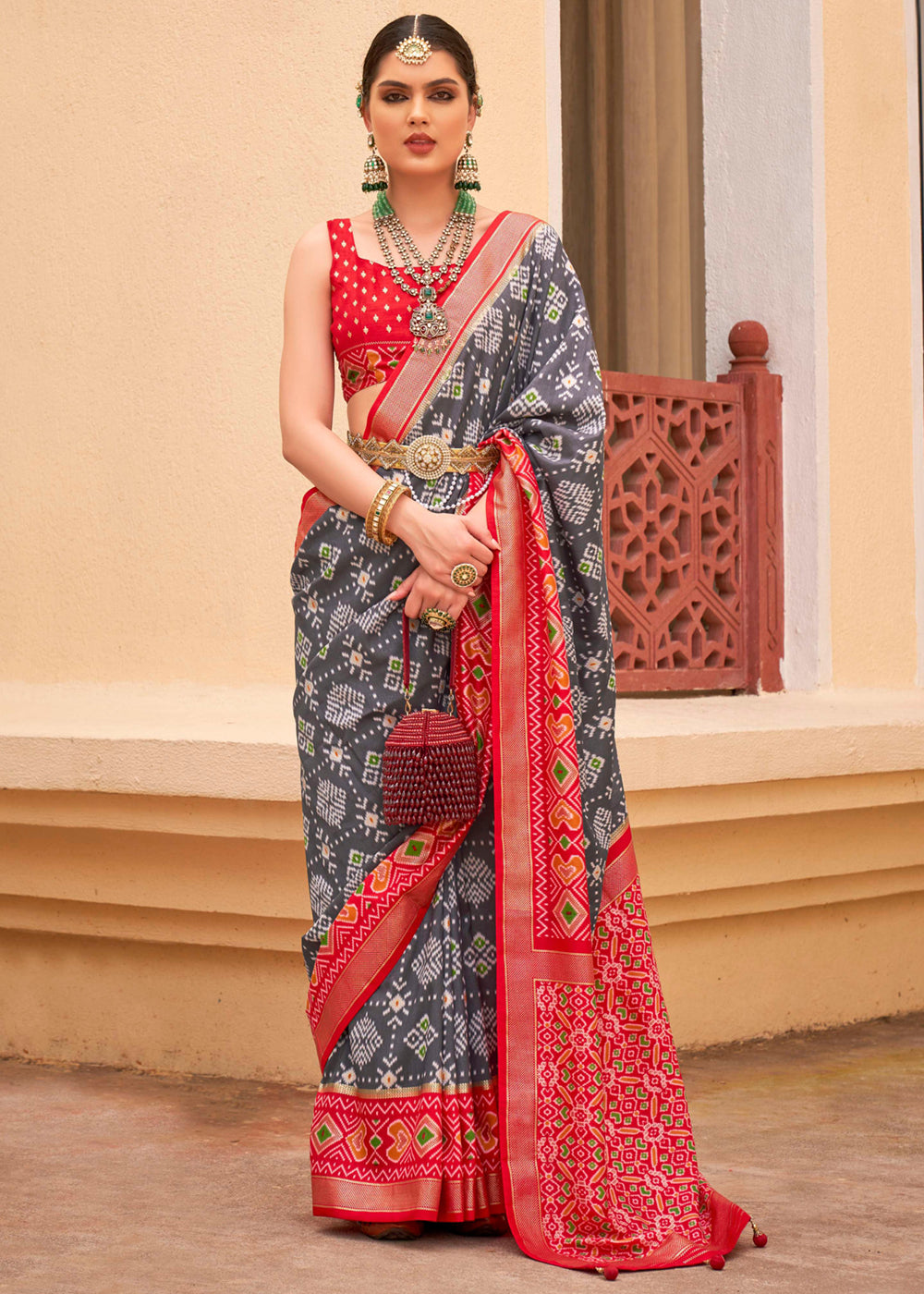 Buy MySilkLove Cloudy Grey and Red Printed Patola Soft Silk Saree Online