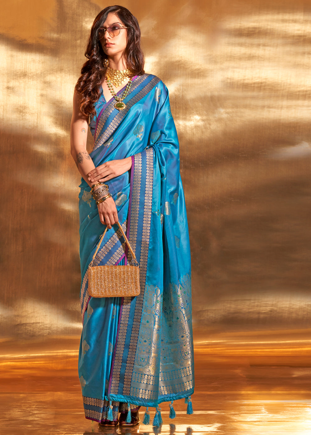 Buy MySilkLove Blueberry Blue Woven Banarasi Satin Silk Saree Online