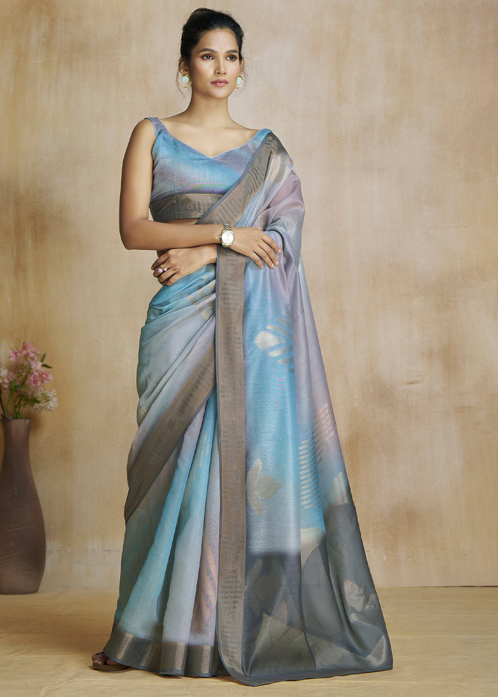 Buy MySilkLove Stone Blue and Grey Tissue Woven Soft Silk Saree Online