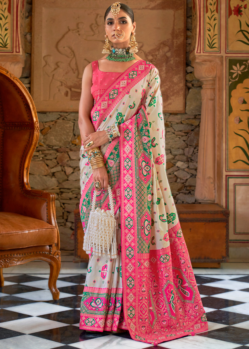 Buy MySilkLove Linen White and Pink Woven Banarasi Saree Online