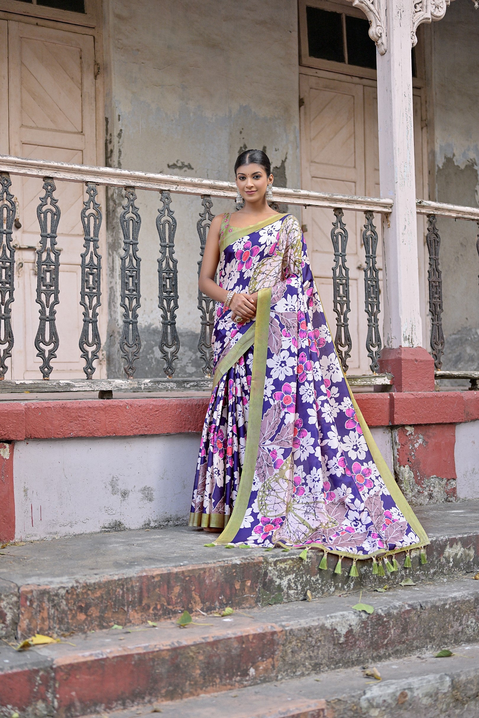 Buy MySilkLove Portage Purple Floral Printed Cotton Silk Saree Online