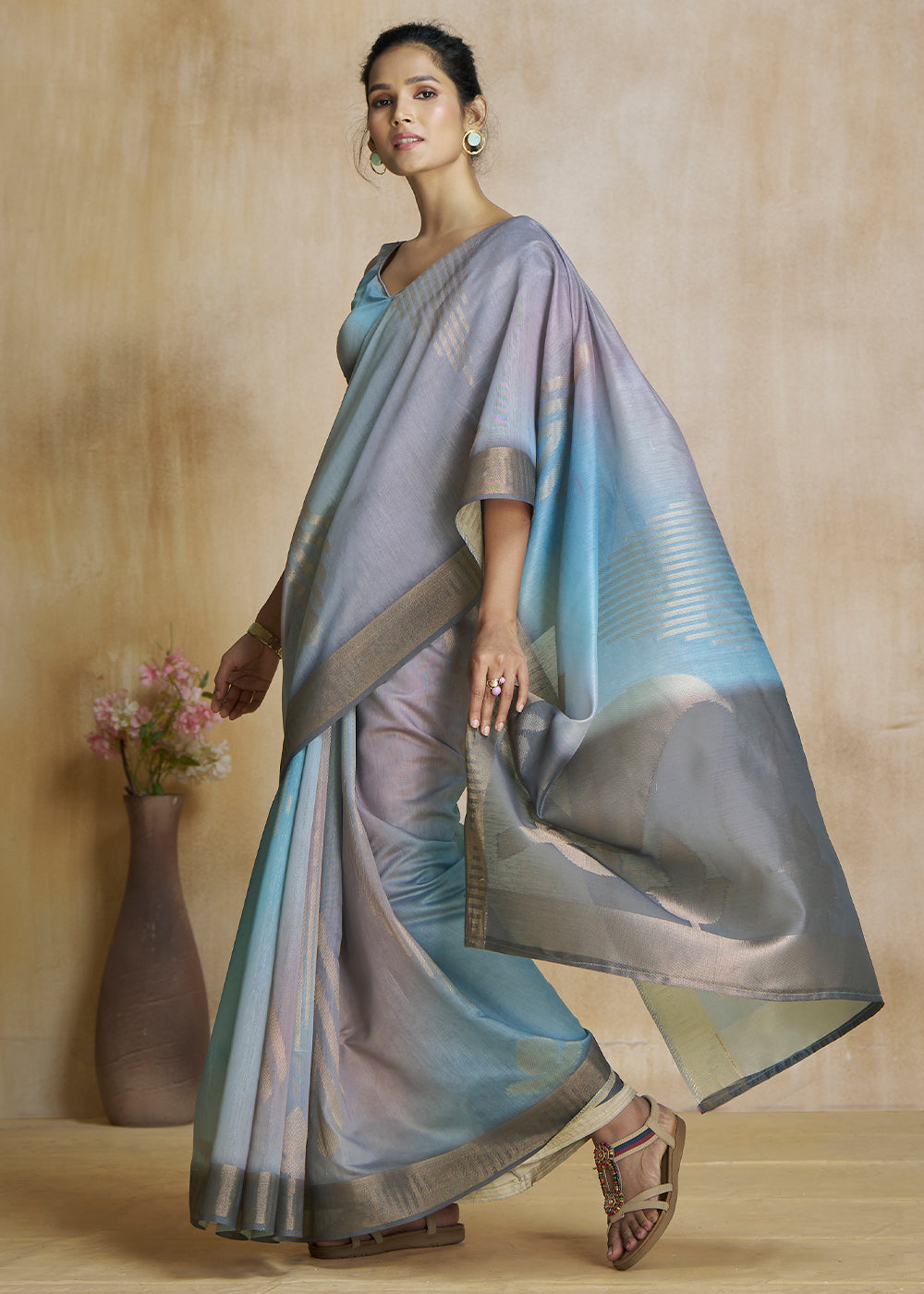 MySilkLove Stone Blue and Grey Tissue Woven Soft Silk Saree