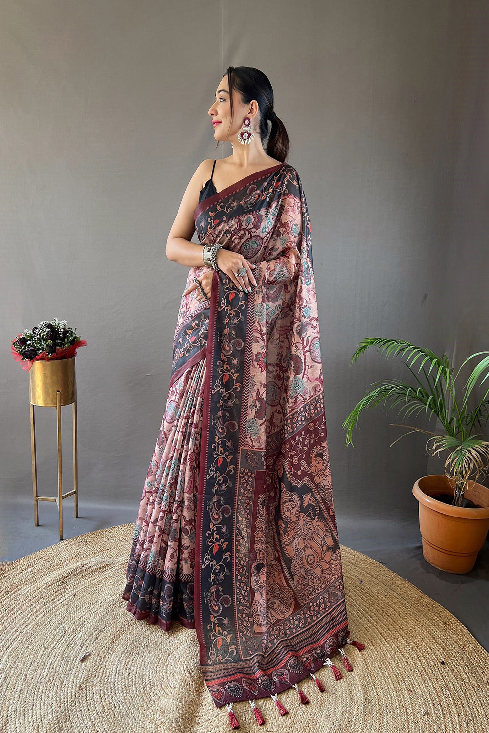 Buy MySilkLove Eunry Peach and Black Printed Cotton Kalamkari Saree Online