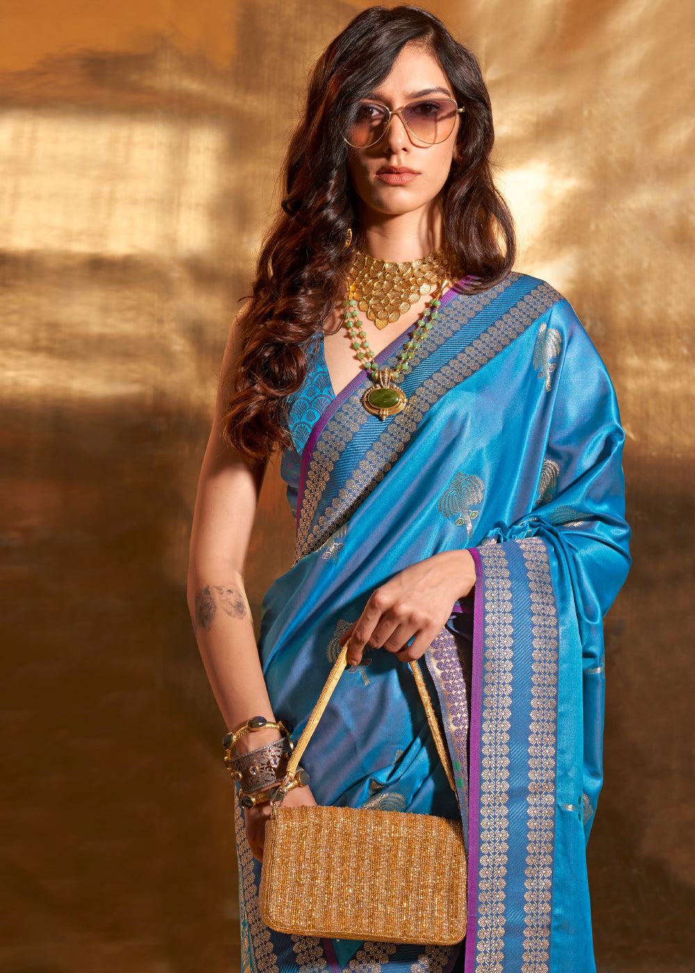 Buy MySilkLove Blueberry Blue Woven Banarasi Satin Silk Saree Online
