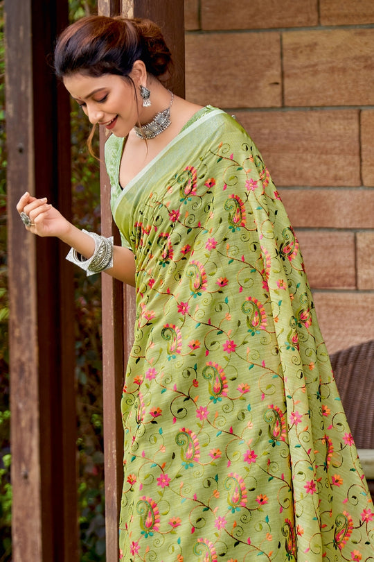 Buy MySilkLove Pesto Green Handcrafted Linen Saree Online