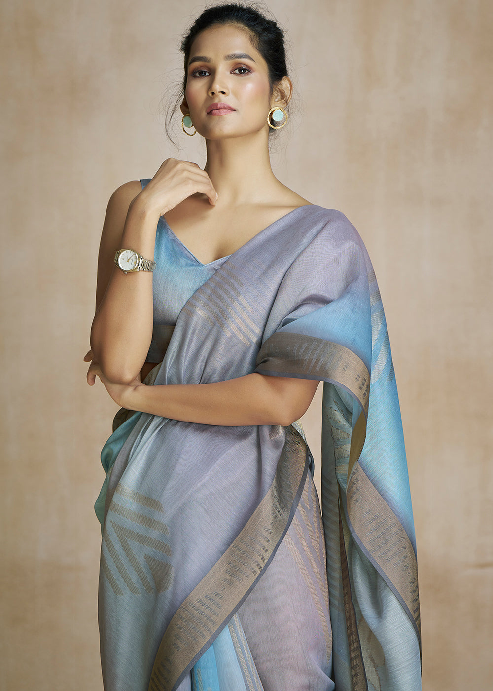 Buy MySilkLove Stone Blue and Grey Tissue Woven Soft Silk Saree Online