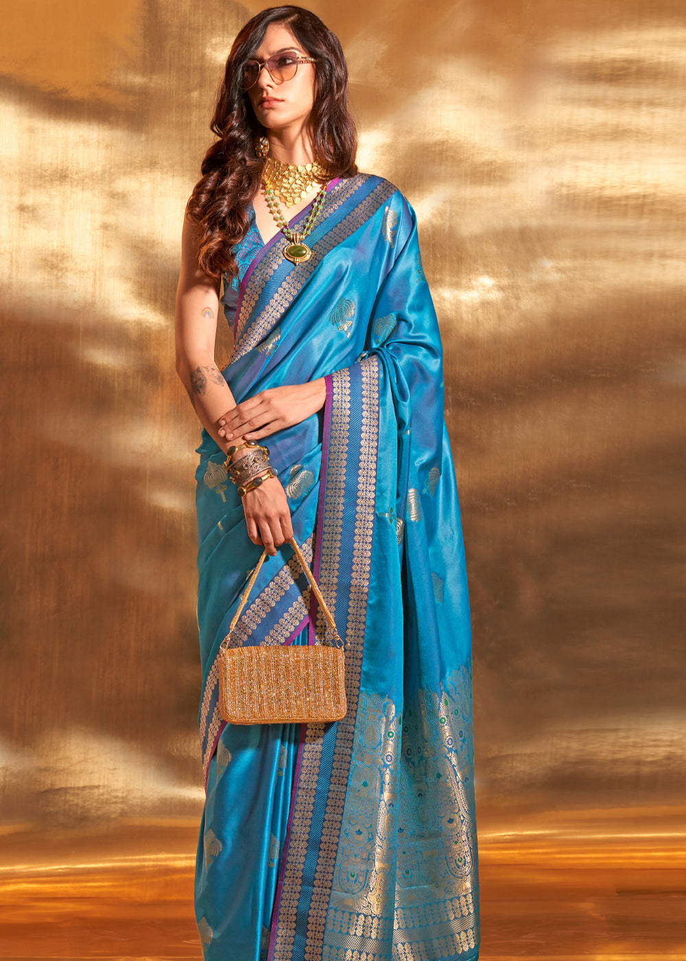 Buy MySilkLove Blueberry Blue Woven Banarasi Satin Silk Saree Online