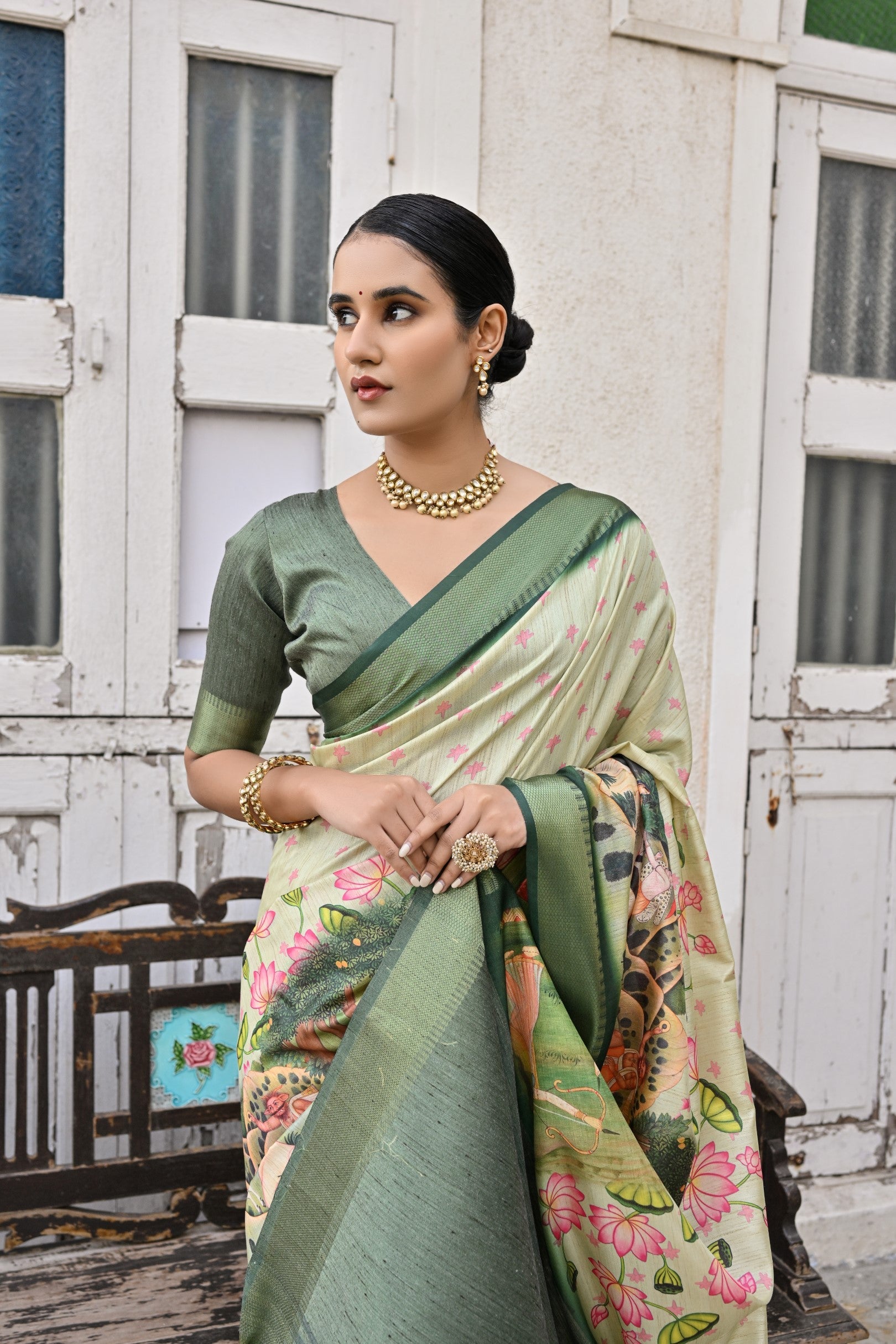 Buy MySilkLove Schist Green Tussar Printed Silk Saree Online