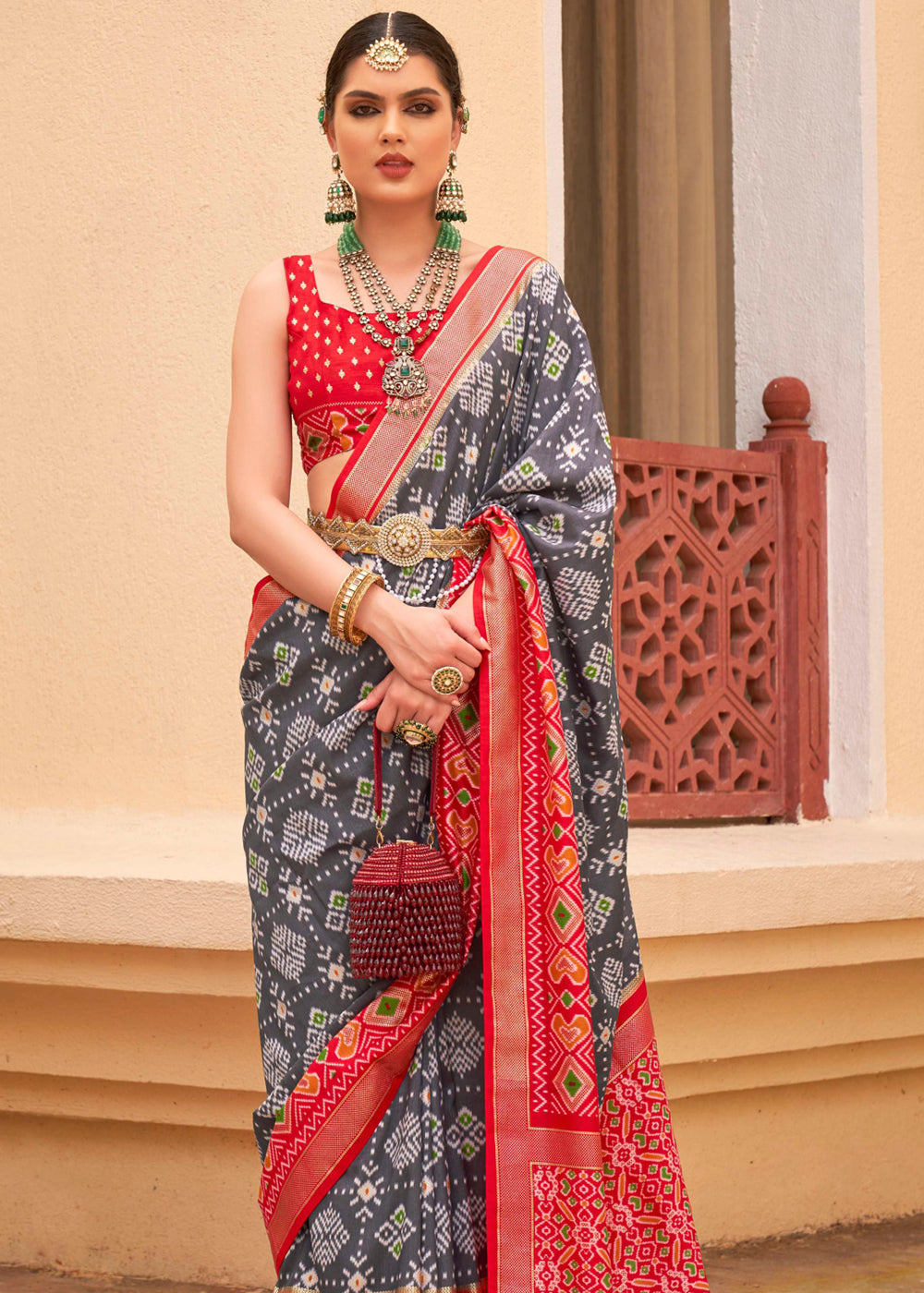 Buy MySilkLove Cloudy Grey and Red Printed Patola Soft Silk Saree Online