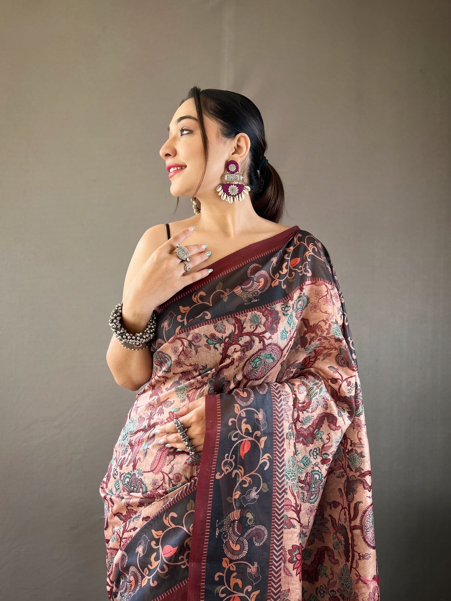 Buy MySilkLove Eunry Peach and Black Printed Cotton Kalamkari Saree Online