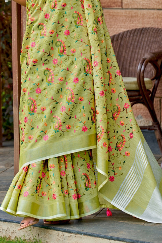 Buy MySilkLove Pesto Green Handcrafted Linen Saree Online