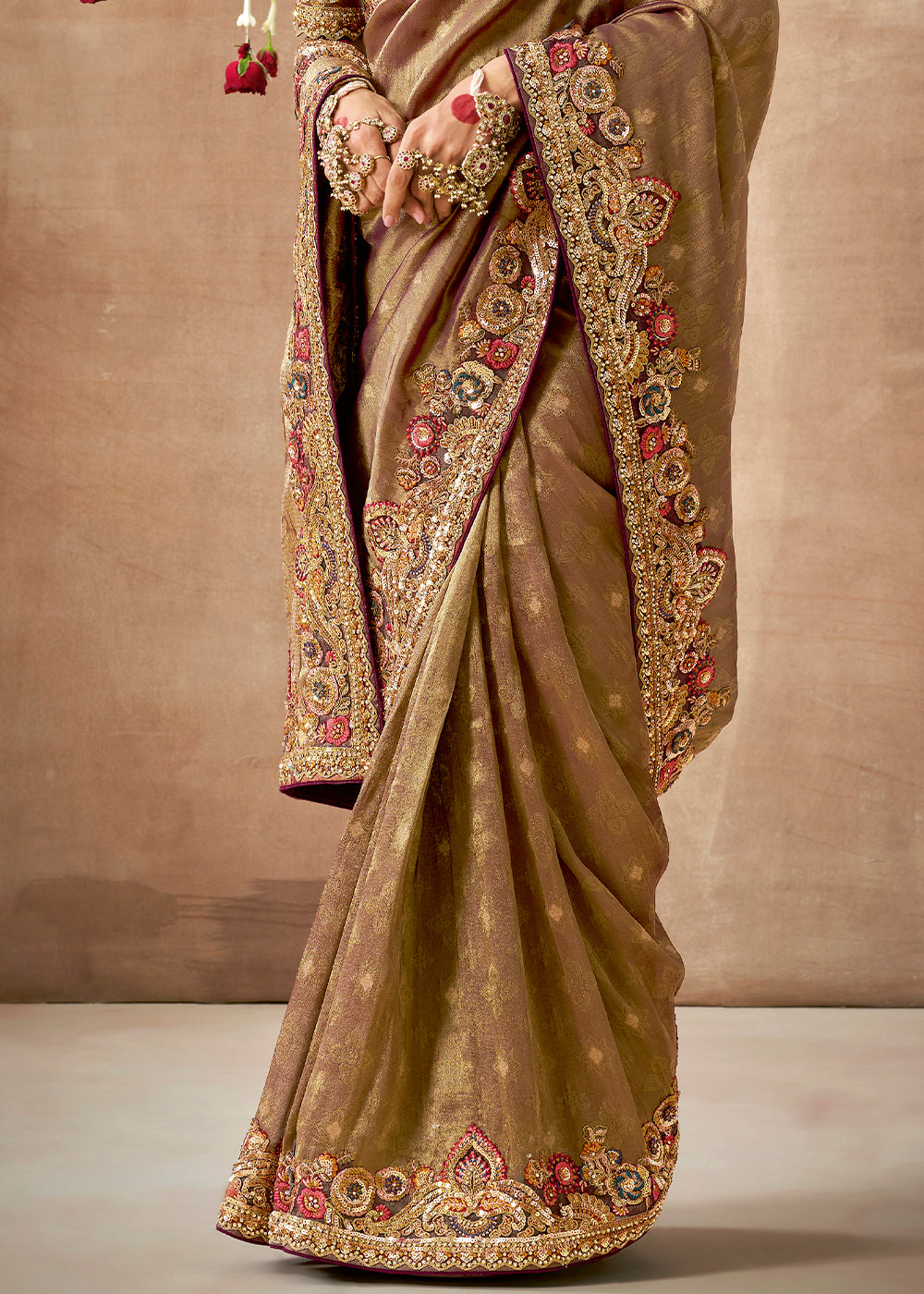 Buy MySilkLove Pecan Brown Zari Woven Embroidery Designer Tissue Dola Silk Saree Online