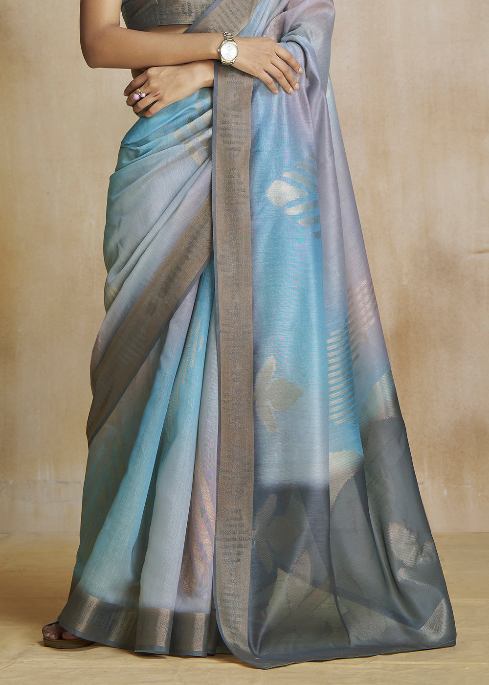 Buy MySilkLove Stone Blue and Grey Tissue Woven Soft Silk Saree Online