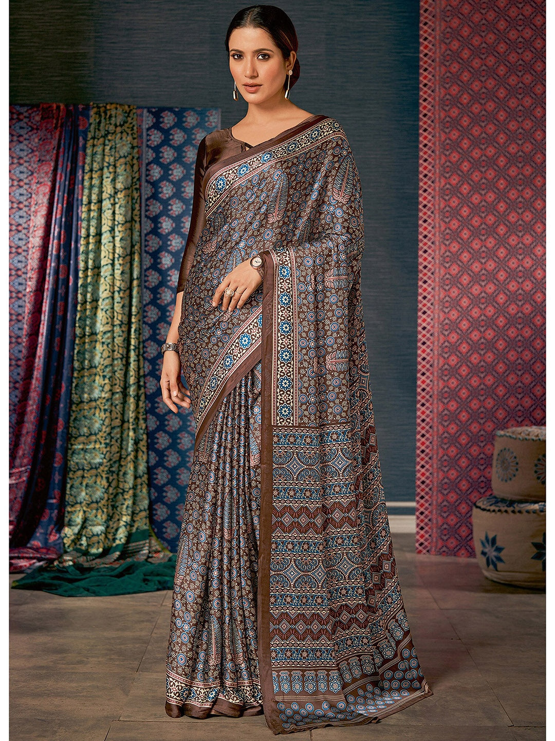 Buy MySilkLove Coco Brown Digital Printed Ajrakh Satin Crepe Saree Online