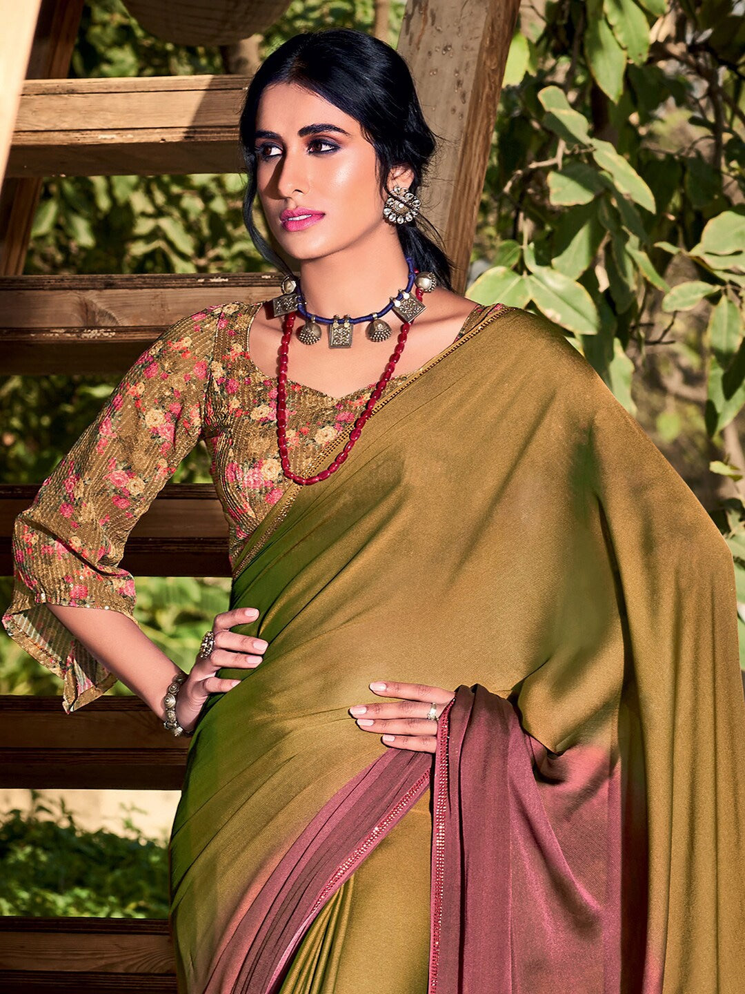 Buy MySilkLove Twine Green and Brown Chiffon Saree With Printed Blouse Online