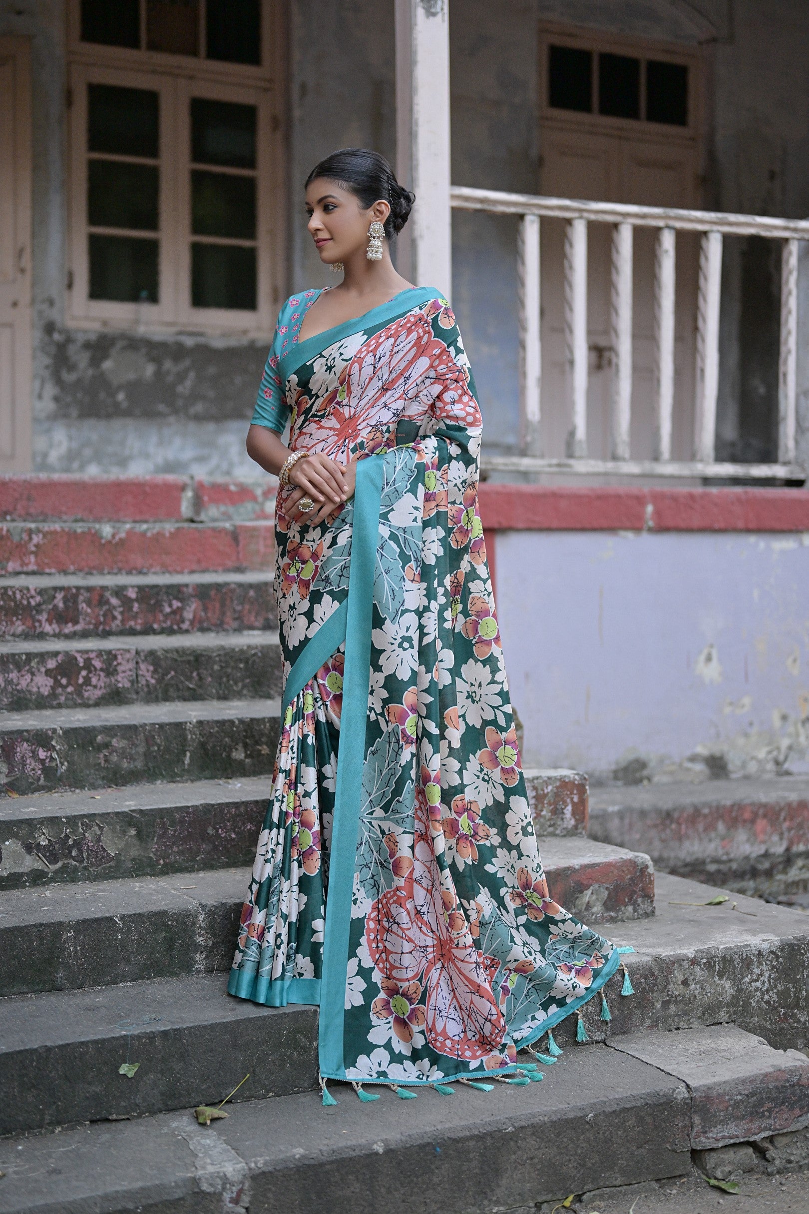 MySilkLove Timber Green Floral Printed Cotton Silk Saree