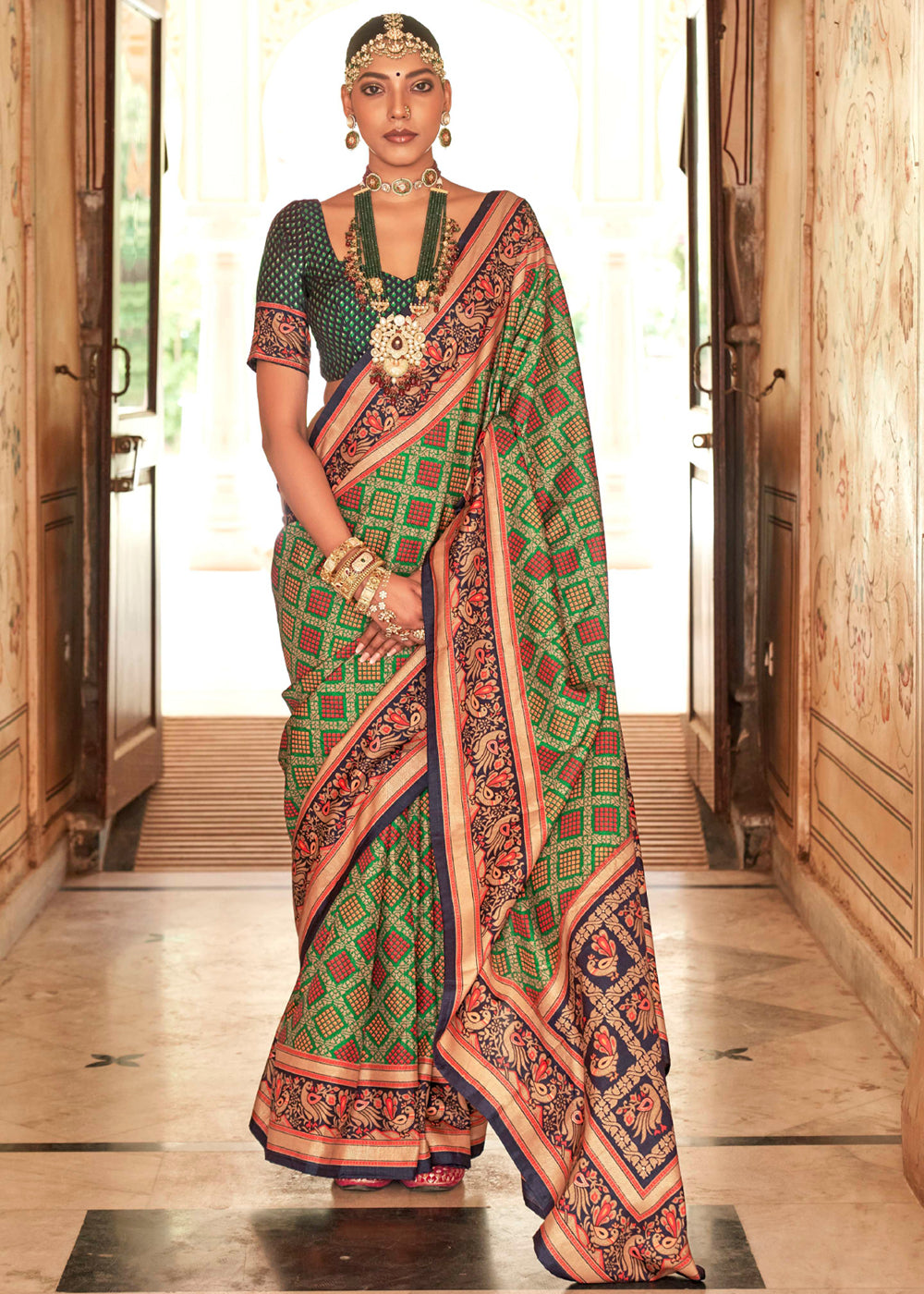 Buy MySilkLove Hippie Green Printed Soft Silk Saree Online