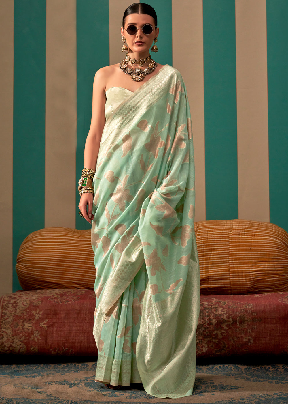 Buy MySilkLove Swamp Green Woven Banarasi Linen Saree Online