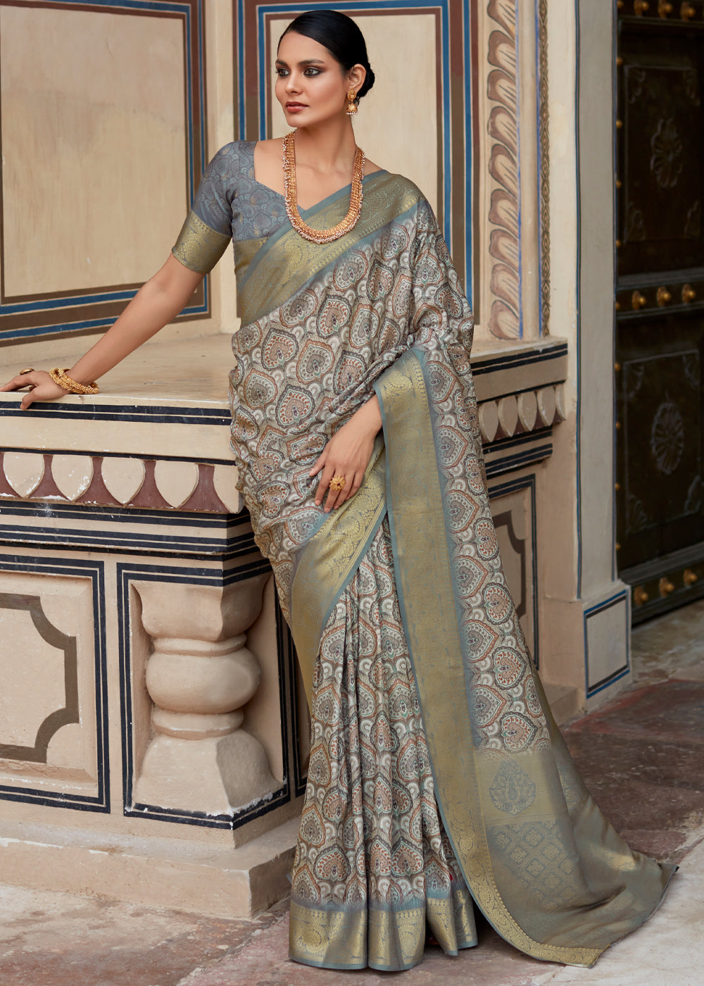 Buy MySilkLove Tower Grey Banarasi Digital Printed Silk Saree Online