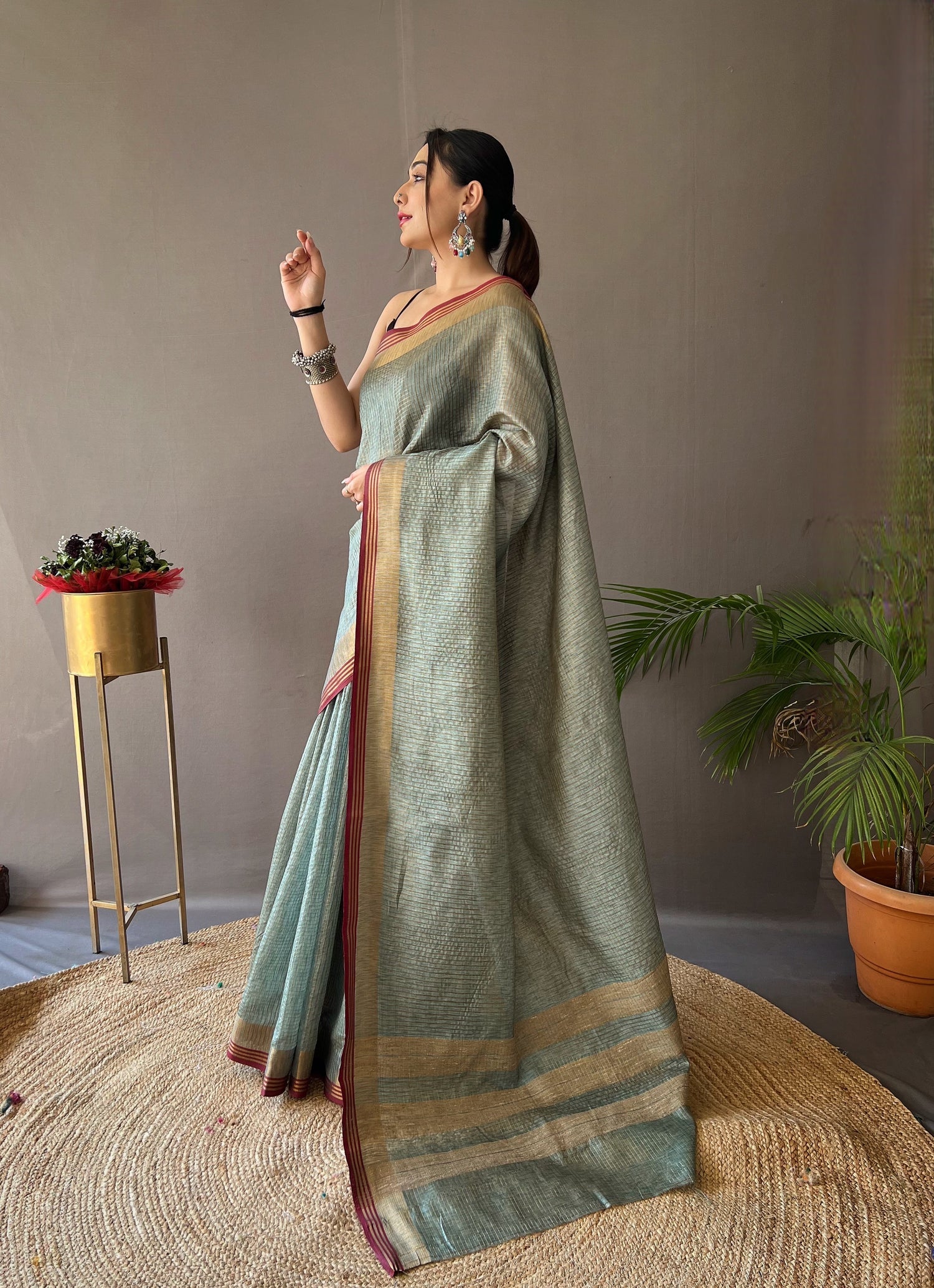 MySilkLove Camouflage Green Organza Woven Saree