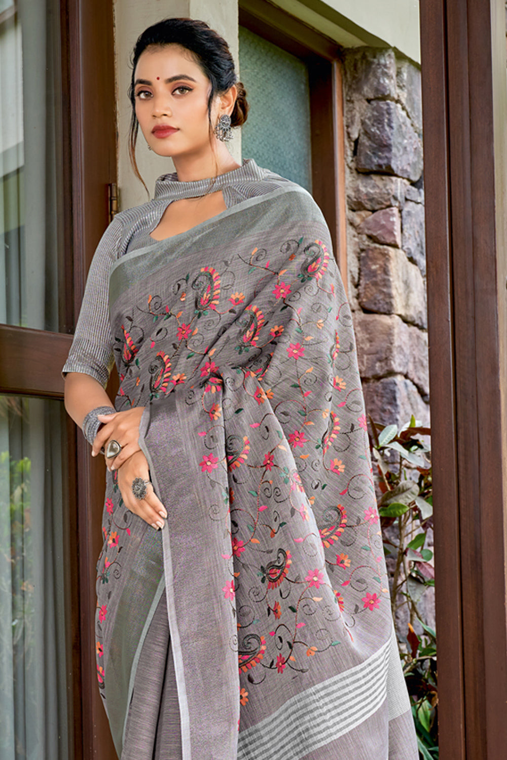 Buy MySilkLove Dusty Grey Handcrafted Linen Saree Online