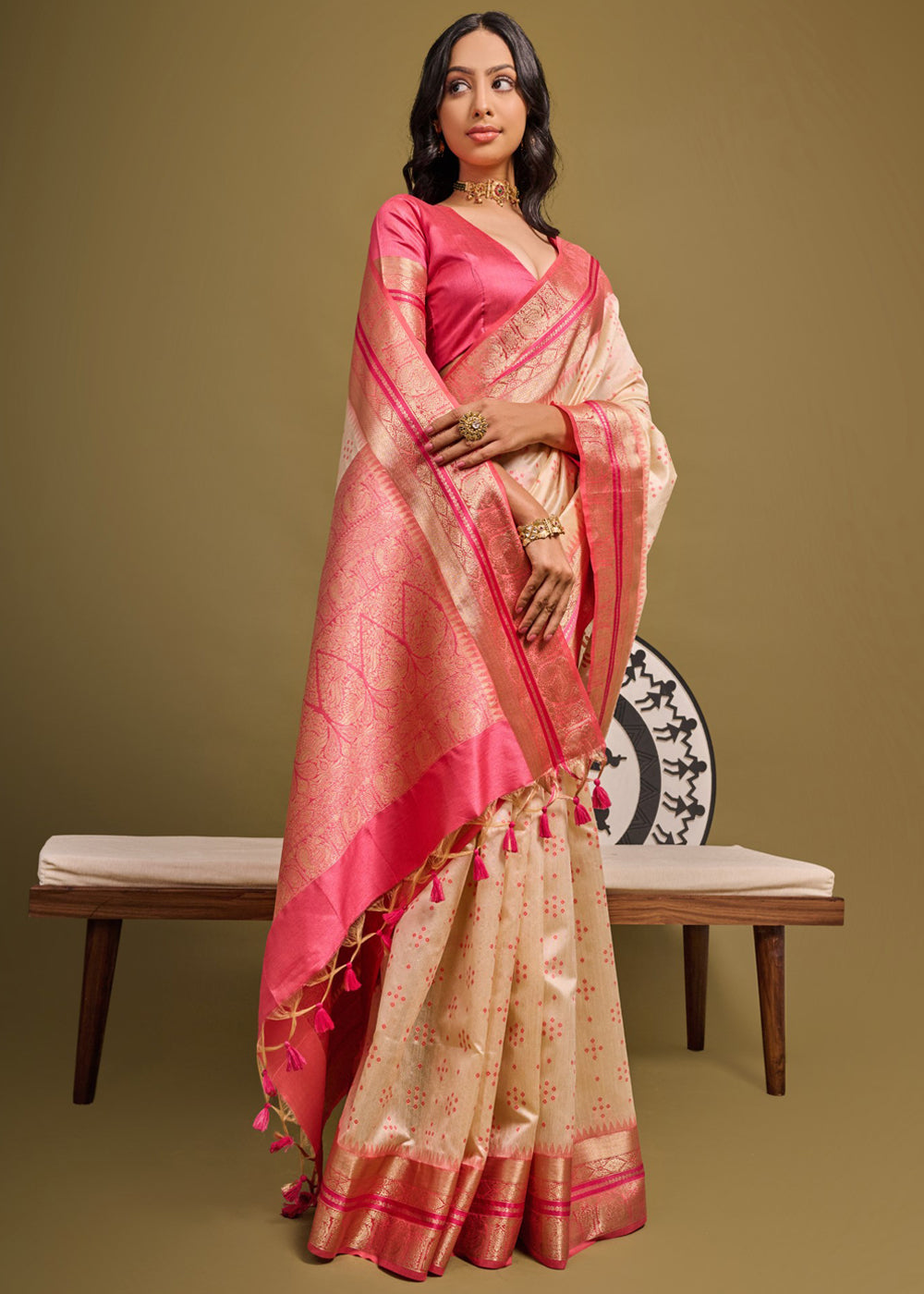 Buy MySilkLove Romantic Cream and Pink Woven Banarasi Soft Silk Saree Online