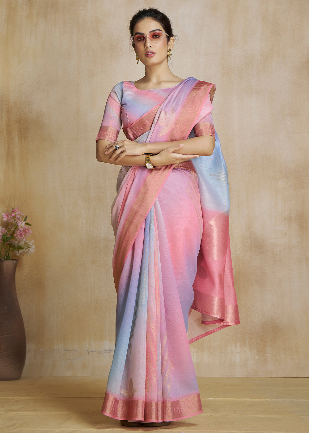 Buy MySilkLove Shilo Pink Tissue Woven Soft Silk Saree Online