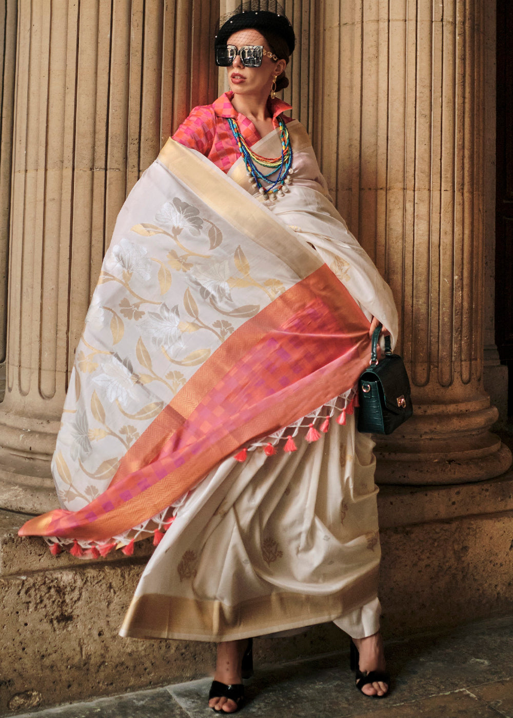 MySilkLove Petunia Flowers White Banarasi Handloom Saree