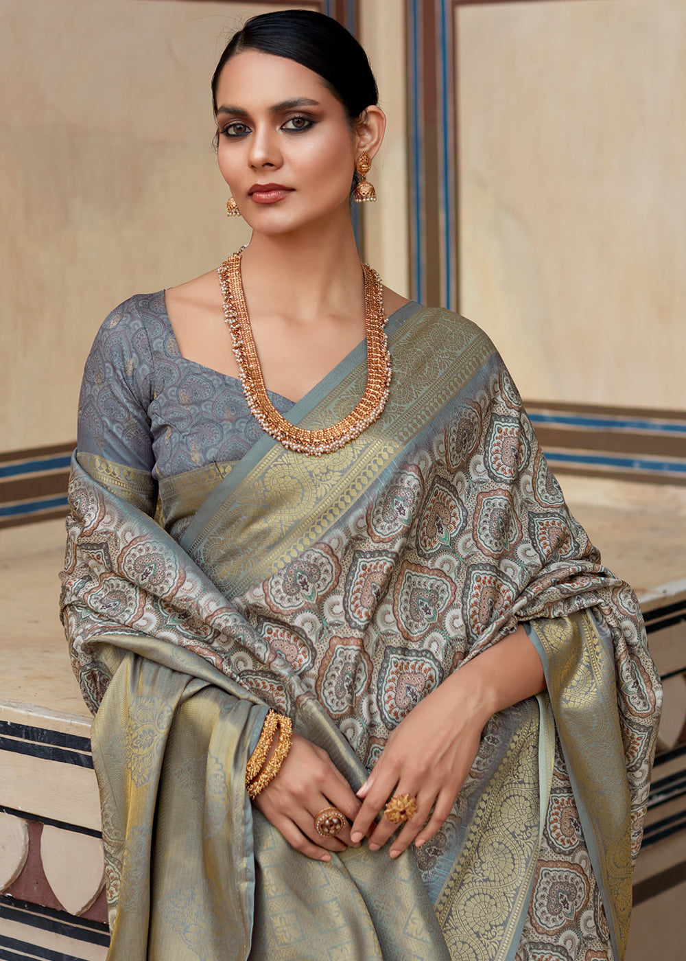 MySilkLove Tower Grey Banarasi Digital Printed Silk Saree