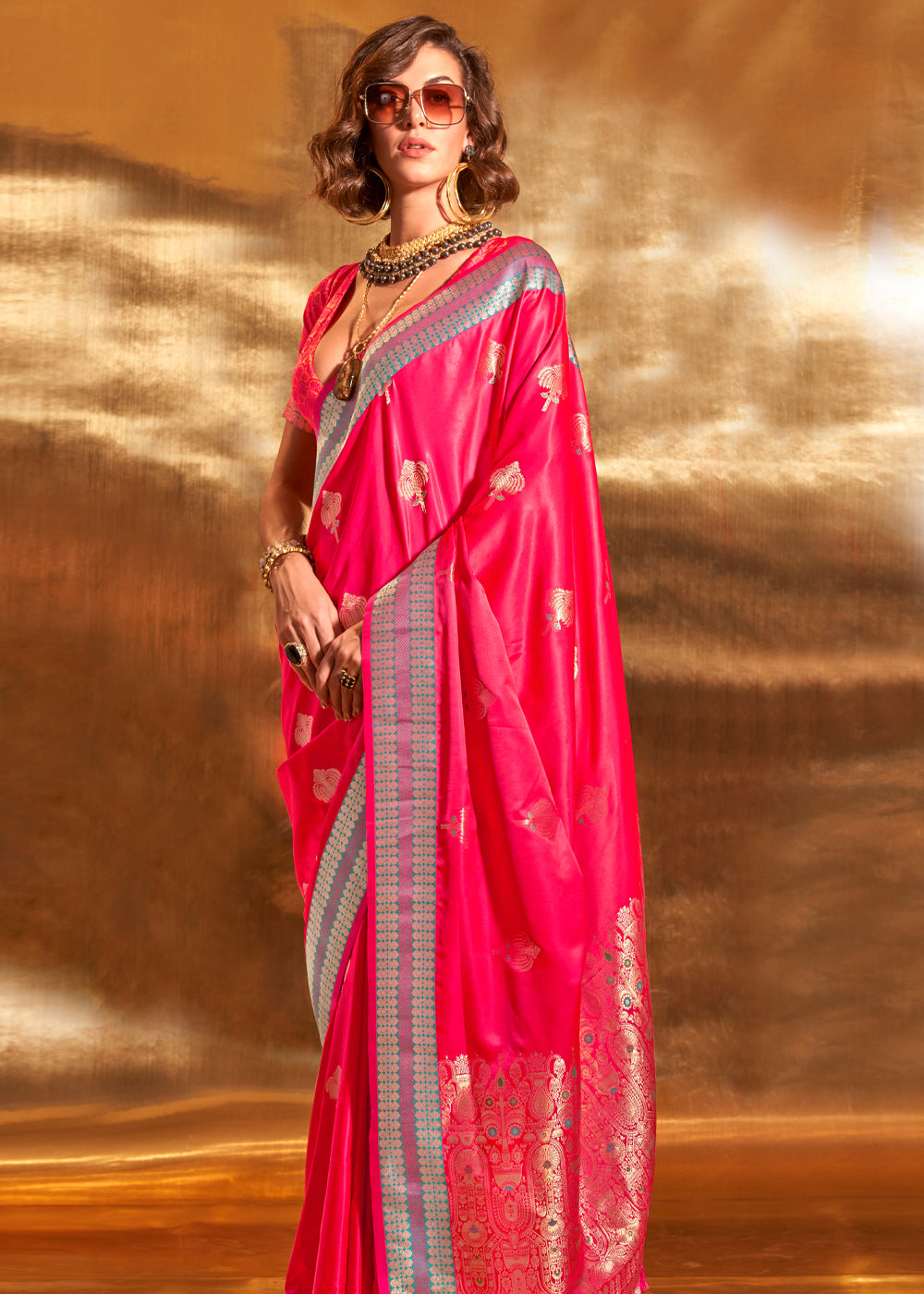 Buy MySilkLove Wild Watermelon Pink Woven Banarasi Satin Silk Saree Online